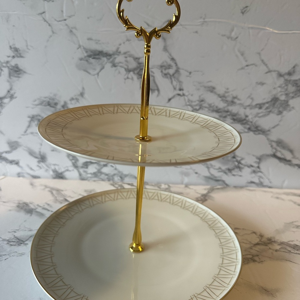 Elegant Two-Tier Gold and Cream Serving Stand
